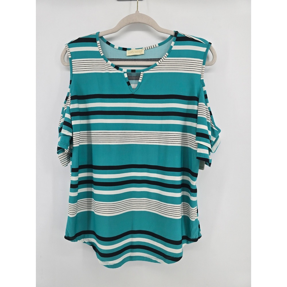 Love Nation Womens Teal Black White Striped Keyhole Neck Top 1XL NWT 2667-X